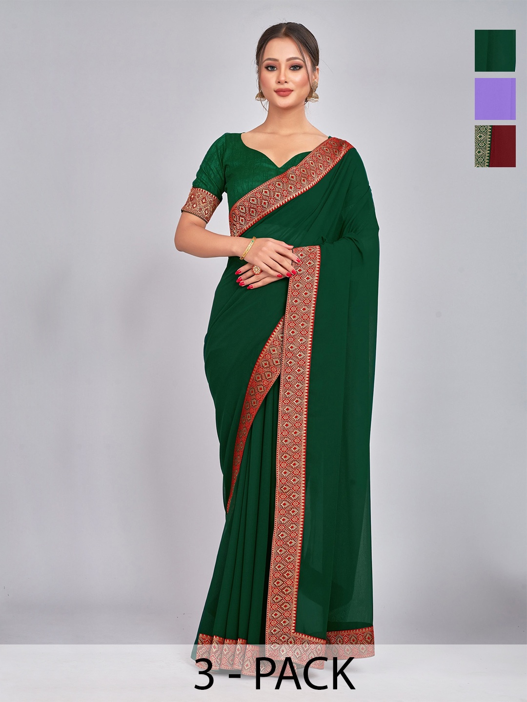 

CastilloFab Selection Of 3 Zari Pure Georgette Saree, Maroon