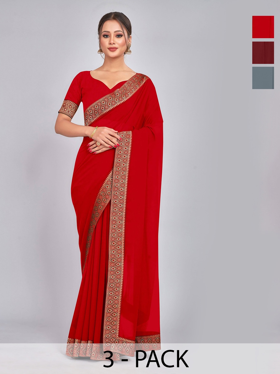 

CastilloFab Selection Of 3 Pure Georgette Saree, Maroon