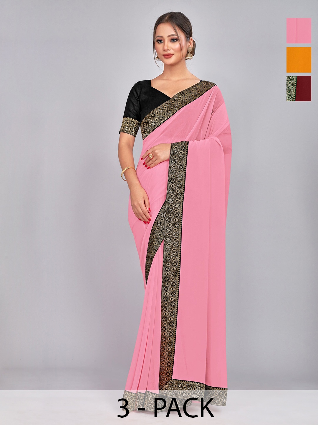 

CastilloFab Pack Of 3 Pure Georgette Sarees, Maroon