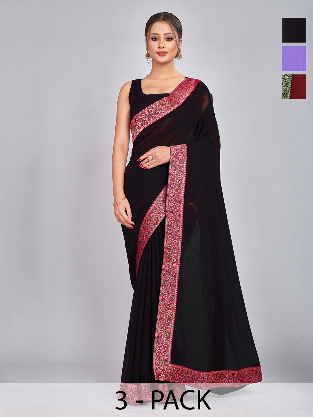 

CastilloFab Selection Of 3 Pure Georgette Sarees, Maroon