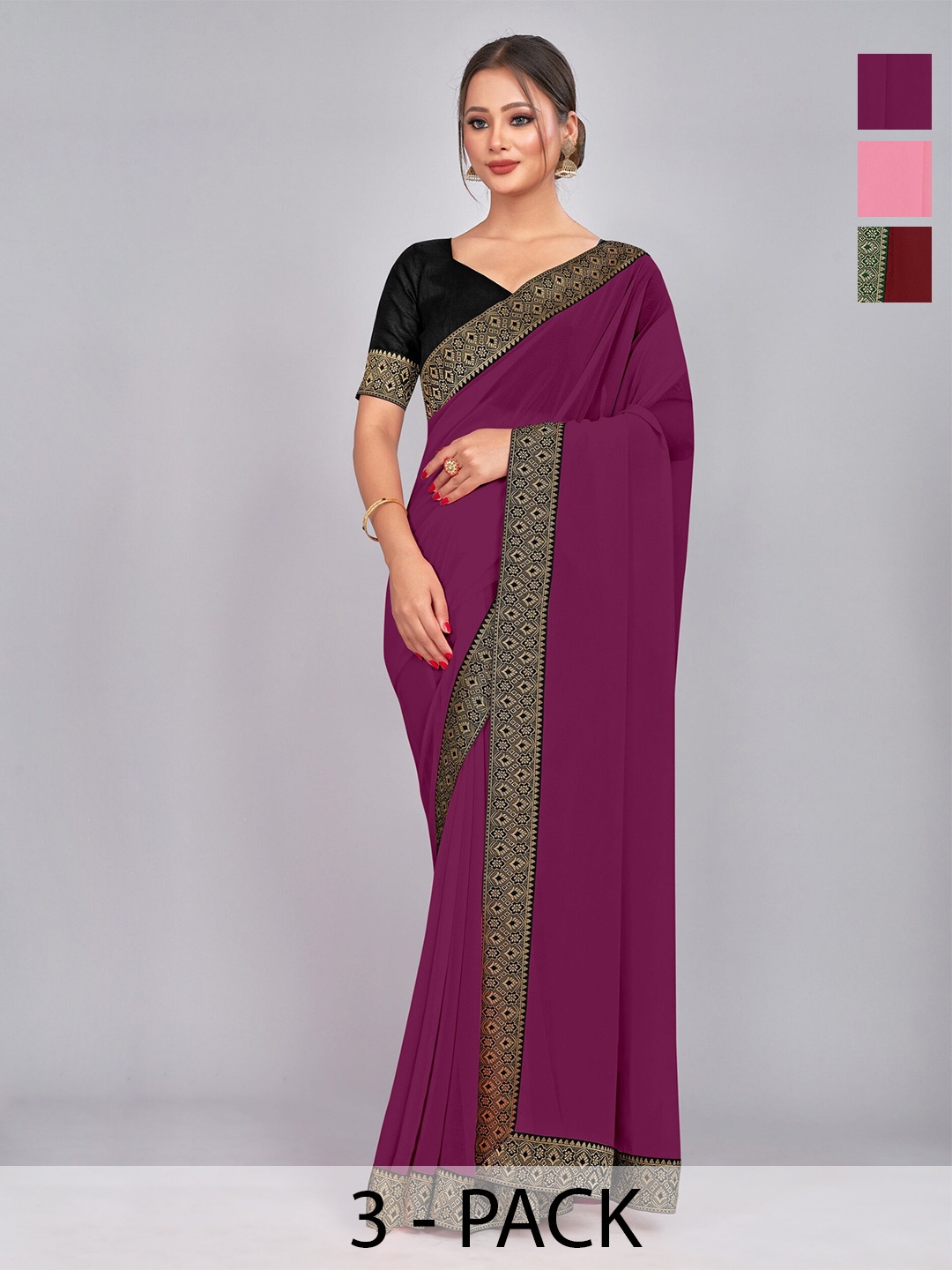 

CastilloFab Selection Of 3 Woven Design Pure Georgette Sarees, Maroon