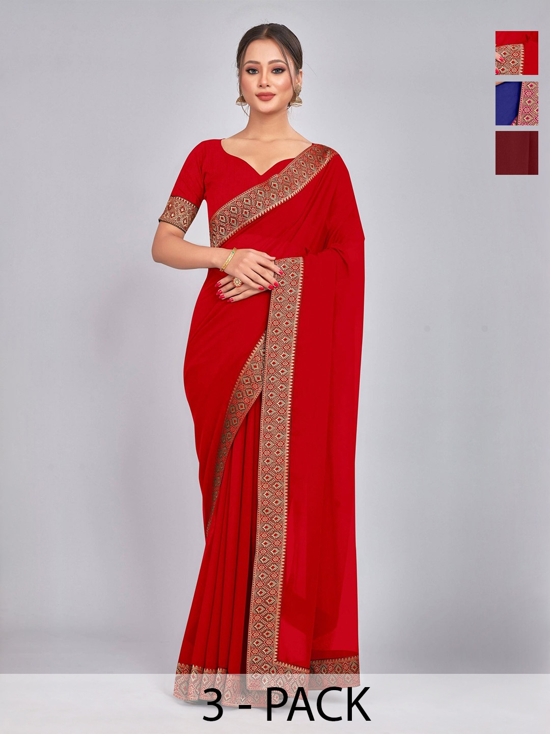 

CastilloFab Selection Of 3 Pure Georgette Saree, Maroon