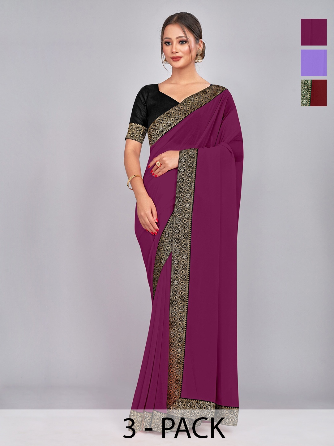 

CastilloFab Pack Of 3 Pure Georgette Saree, Maroon