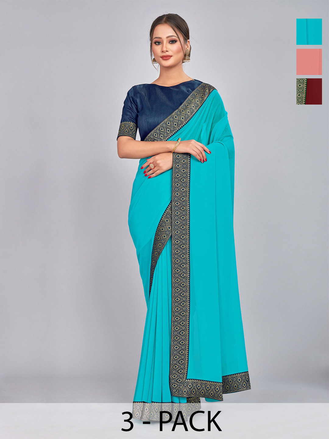 

CastilloFab Selection Of 3 Pure Georgette Sarees, Maroon