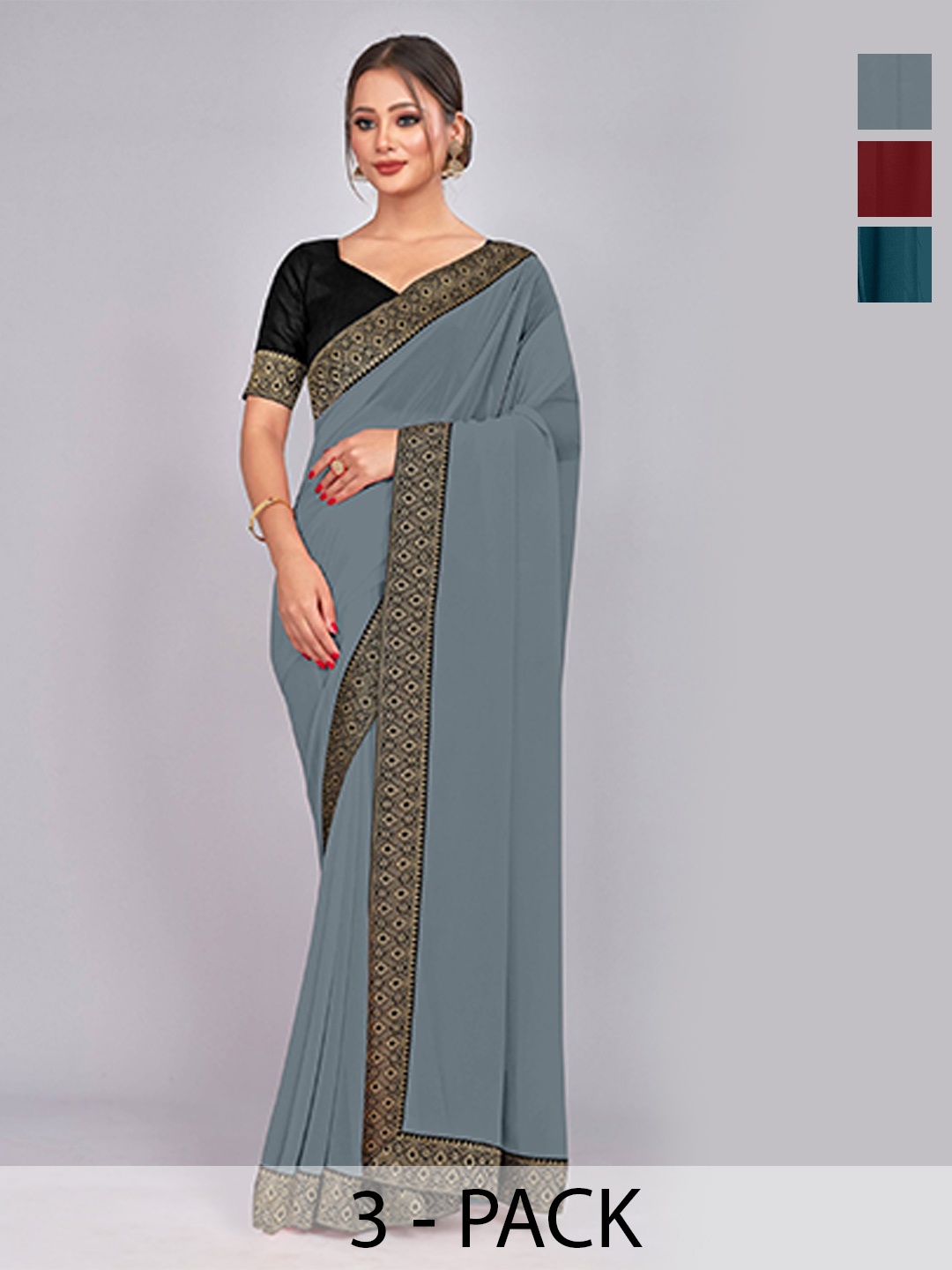 

CastilloFab Selection Of 3 Pure Georgette Saree, Maroon