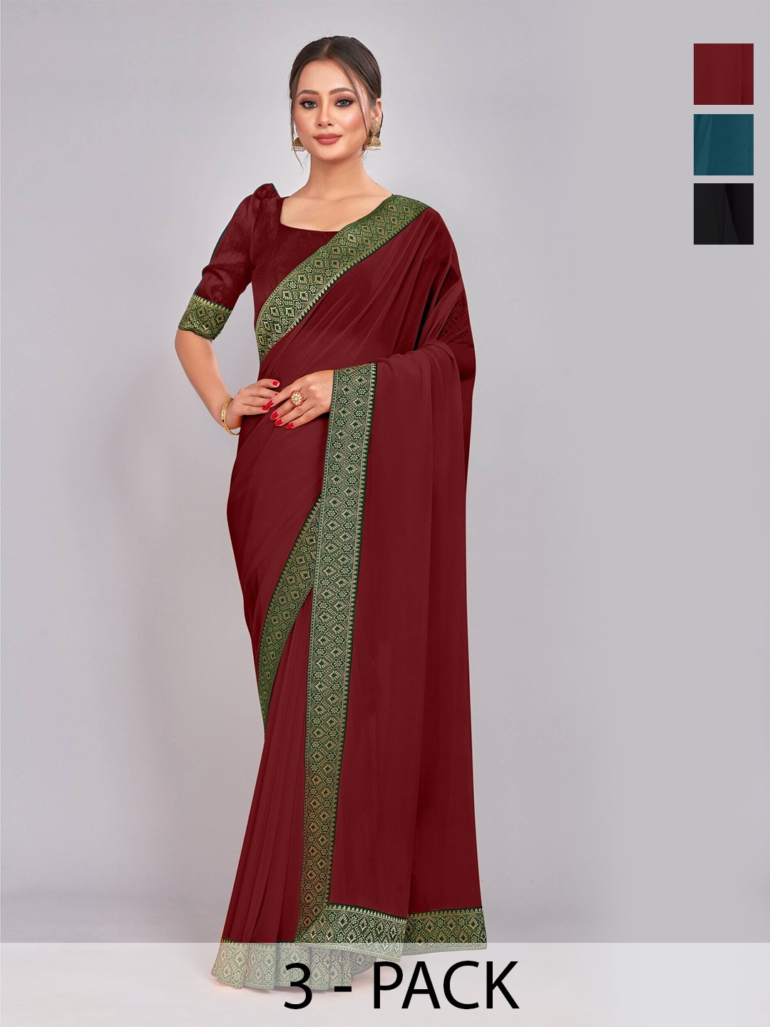 

CastilloFab Selection Of 3 Pure Georgette Saree, Maroon