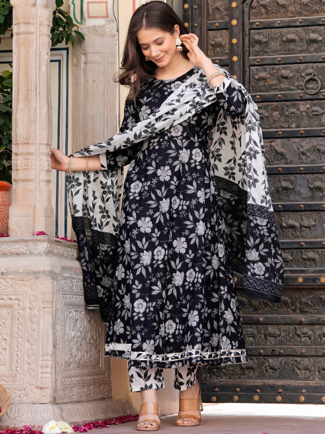 

KALINI Floral Printed Anarkali Kurta & Trousers With Dupatta, Black