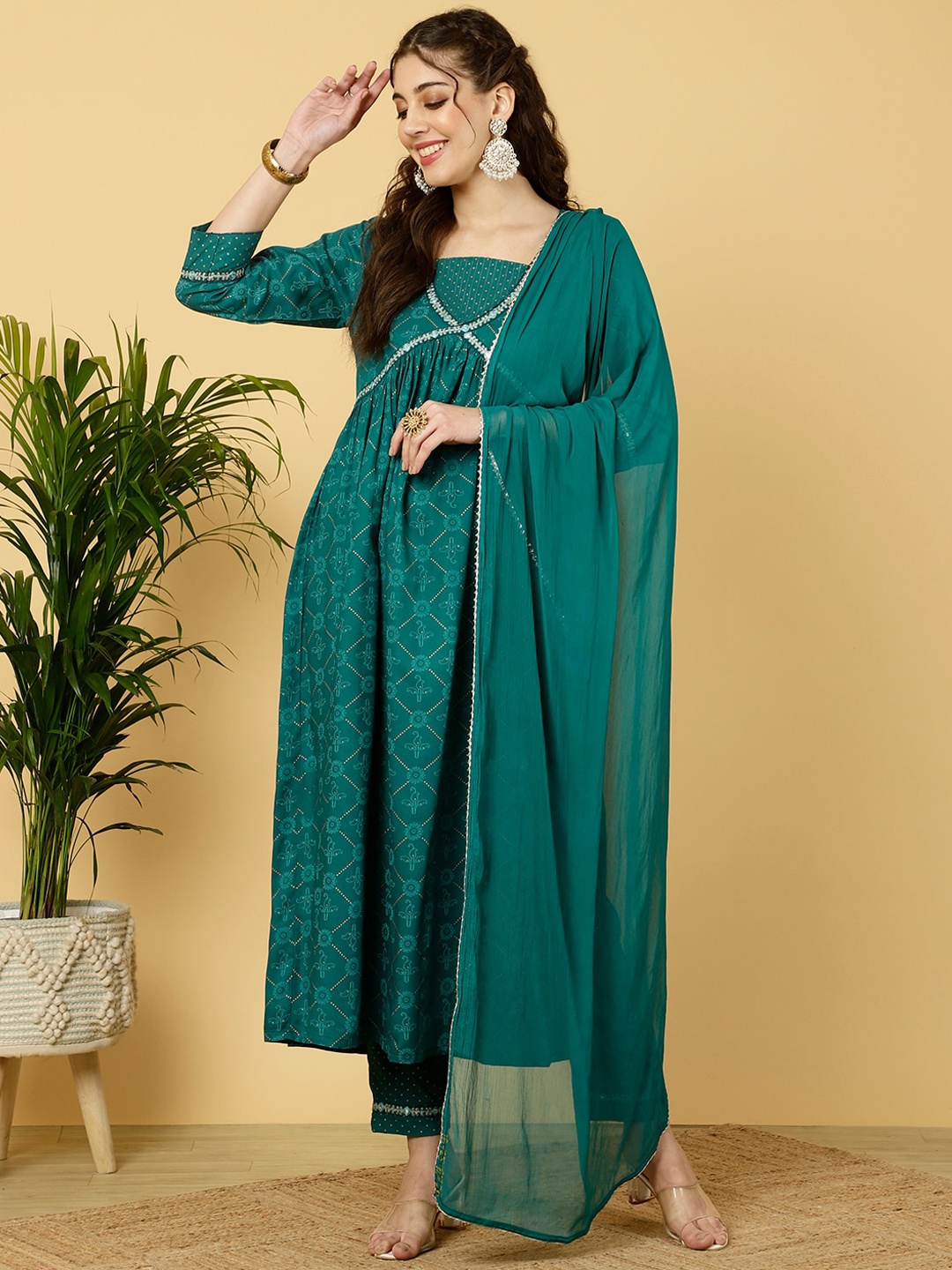 

KALINI Ethnic Motifs Printed Thread Work Detailed Anarkali Kurta & Trouser With Dupatta, Teal