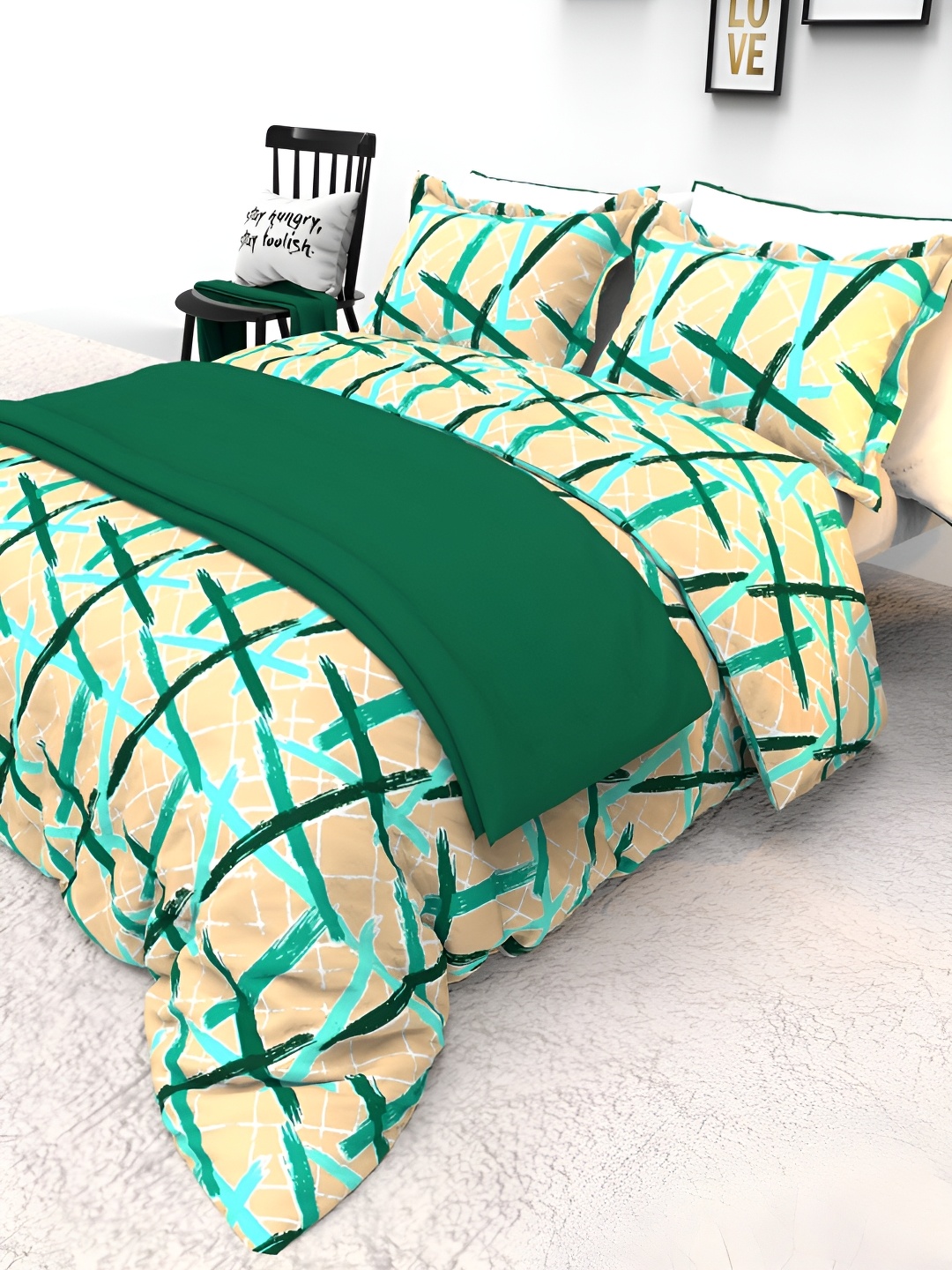 

THE WHITE MOSS Green & Yellow Printed 130 TC Cotton Queen Bedsheet With 2 Pillow Covers