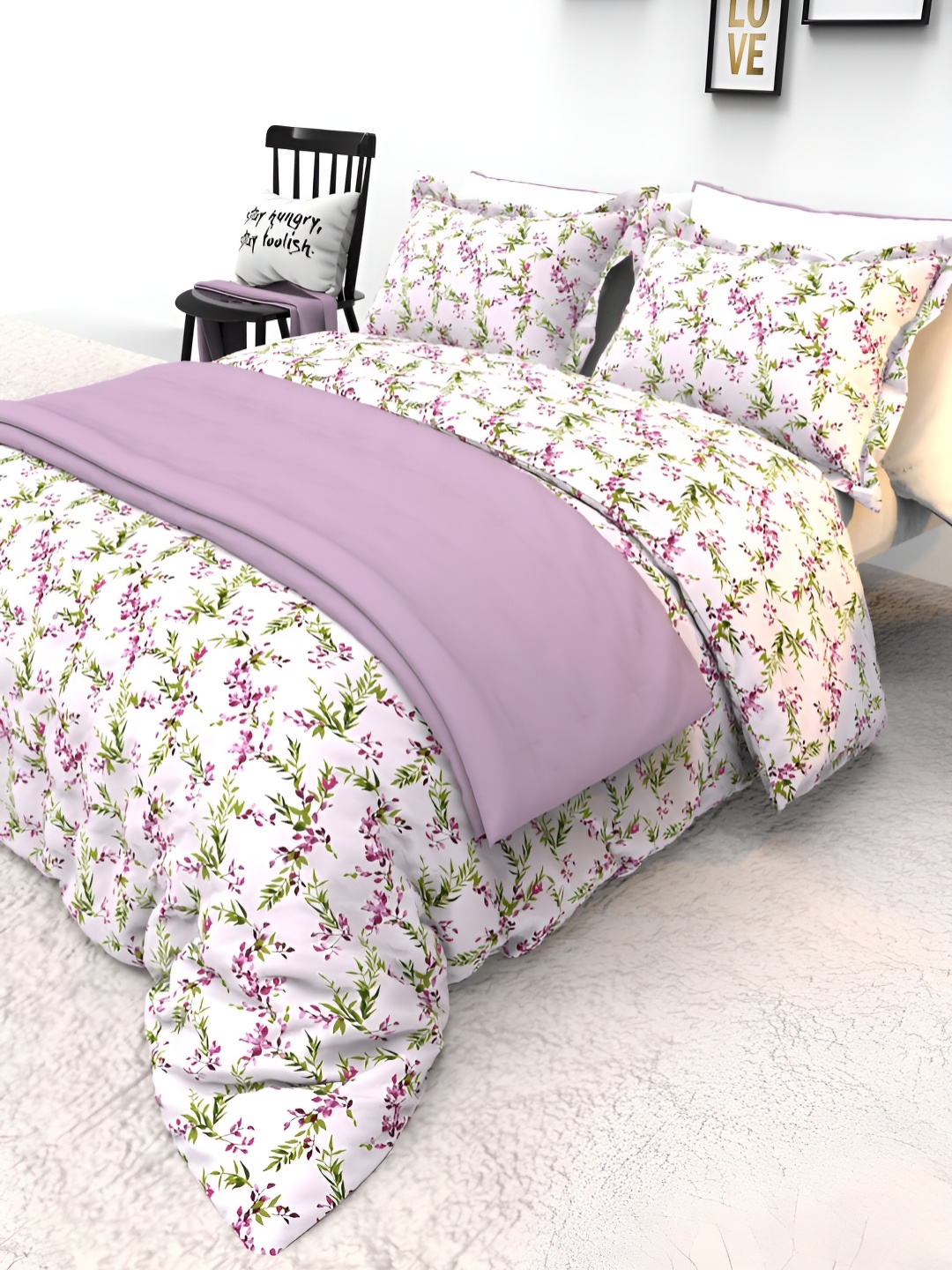 

THE WHITE MOSS White & Pink Printed 130 TC Double Queen Bedsheet With 2 Pillow Covers
