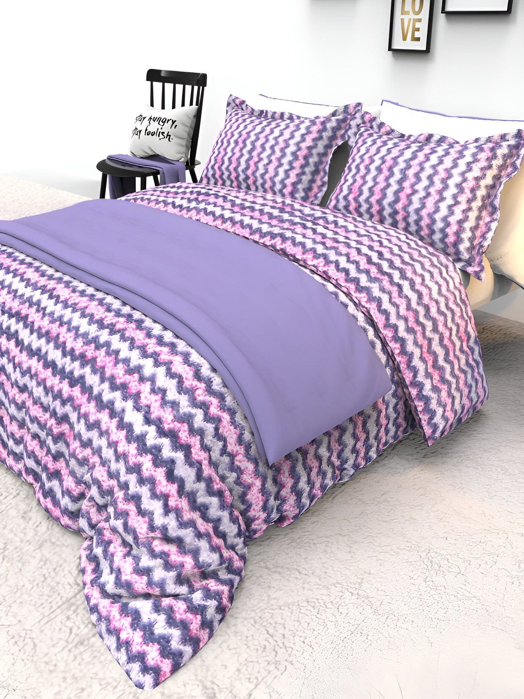 

THE WHITE MOSS Pink Printed Pure Cotton 130 TC Double Queen Bedsheet With 2 Pillow Covers, Purple