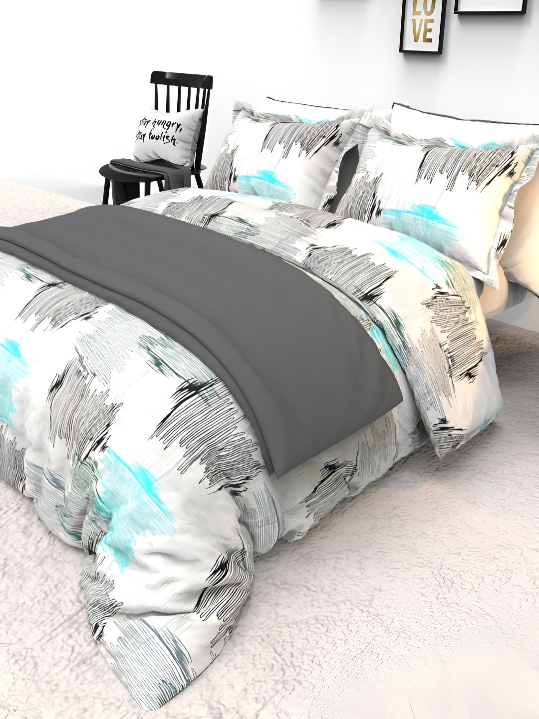 

THE WHITE MOSS White Printed Pure Cotton 130 TC Double Queen Bedsheet With 2 Pillow Covers