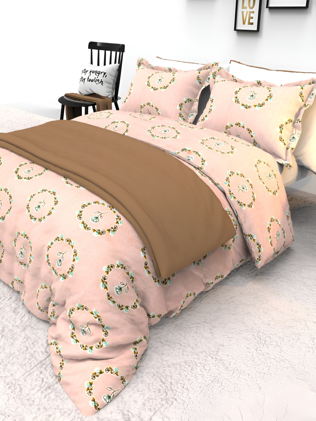 

THE WHITE MOSS Pink Printed Pure Cotton 130 TC Double Queen Bedsheet With 2 Pillow Covers