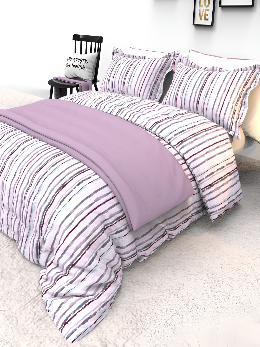 

THE WHITE MOSS Purple Striped Pure Cotton 130 TC Double Queen Bedsheet & 2 Pillow Covers