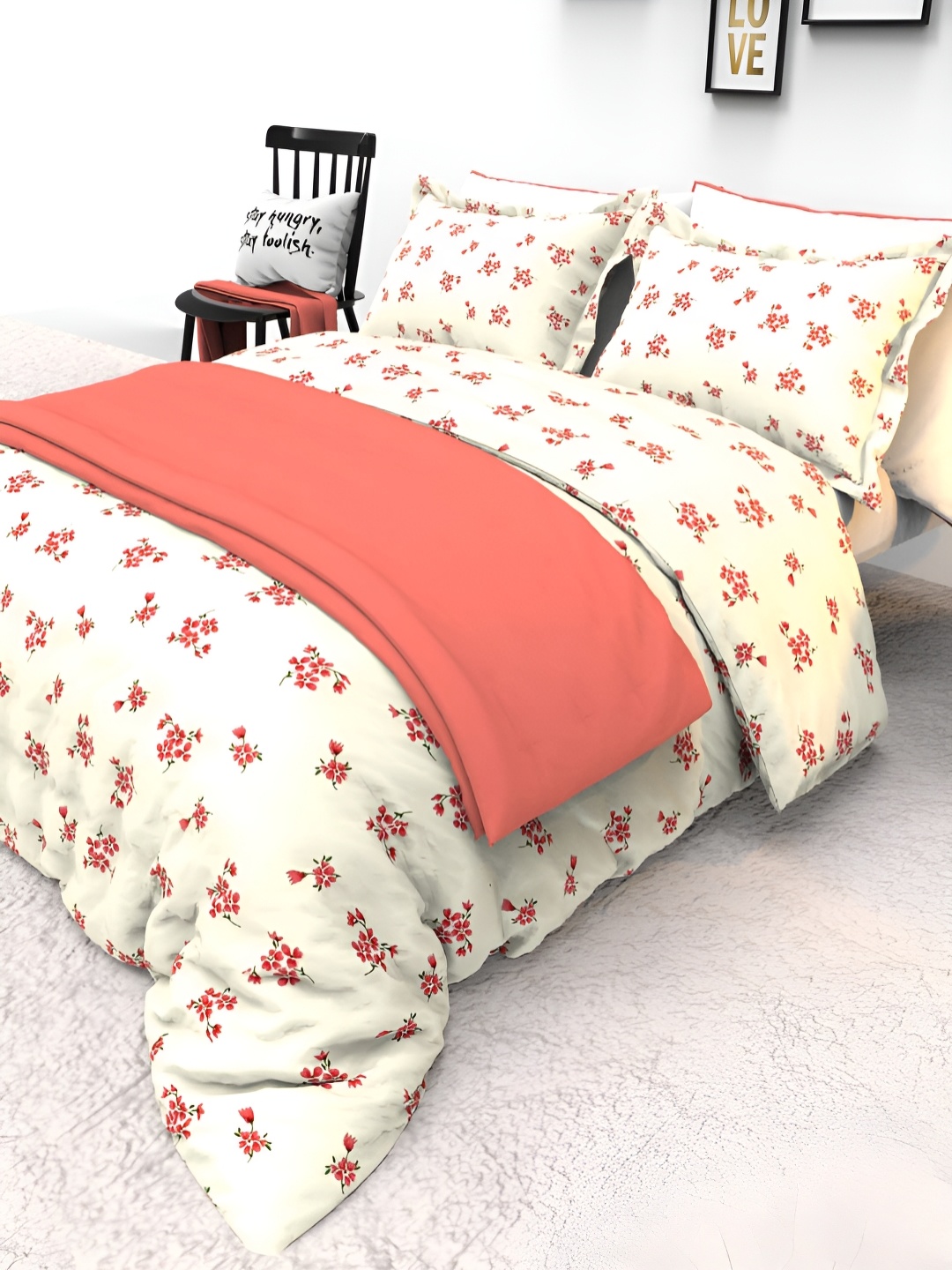 

THE WHITE MOSS Orange Floral Printed Cotton 130 TC Queen Bedsheet Set