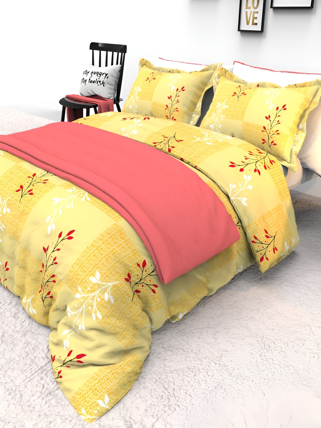 

THE WHITE MOSS Yellow & Red Printed 130TC Pure Cotton Queen Bedsheet With 2 Pillow Covers