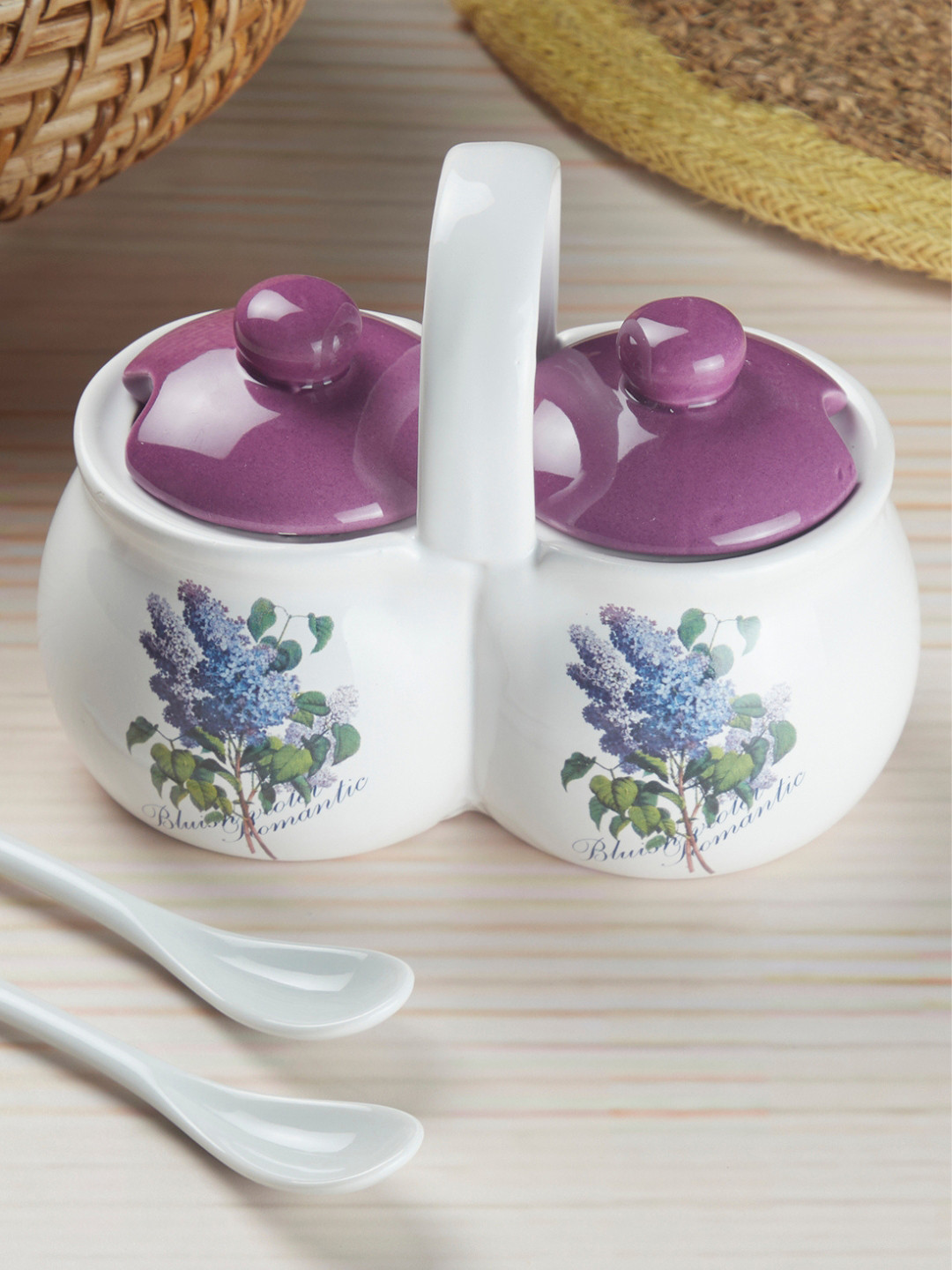 

Kookee Purple Ceramic Twin Condiment Jars with Lid & Spoon
