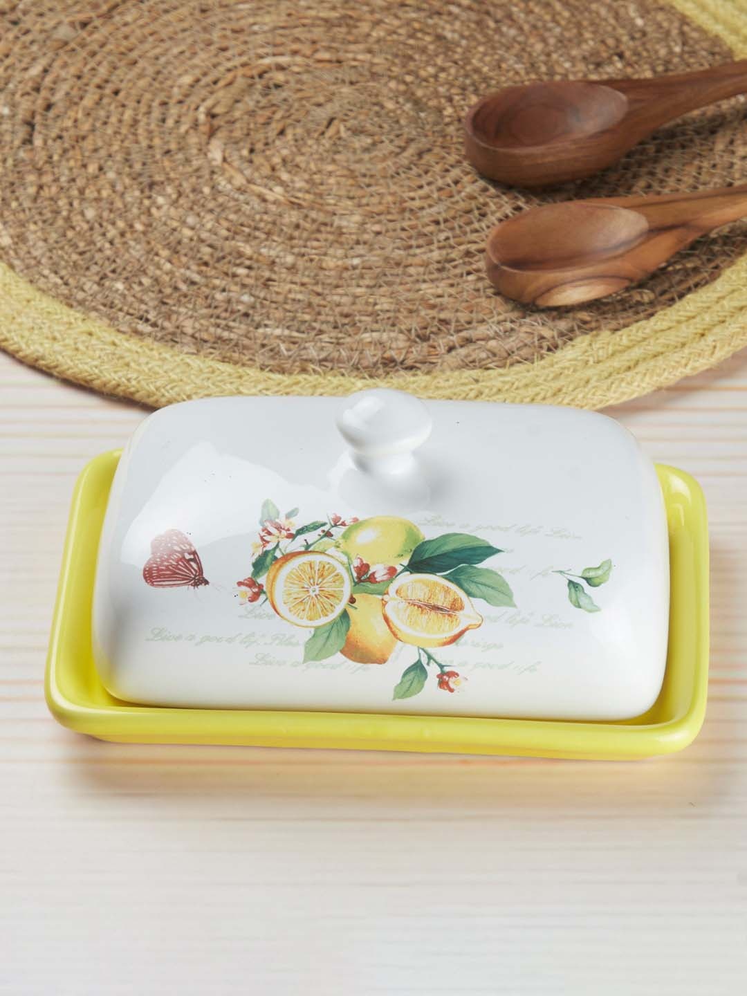

Kookee White & Yellow 2 Pieces Floral Printed Ceramic Smooth Surface Serving Dish With Lid