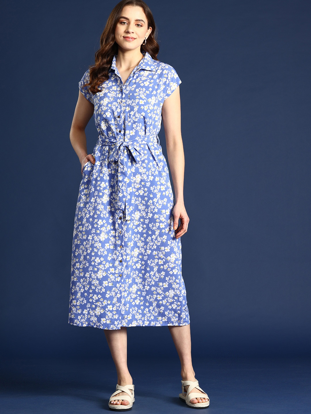 

Mast & Harbour Floral Print Shirt Midi Dress with Belt, Blue