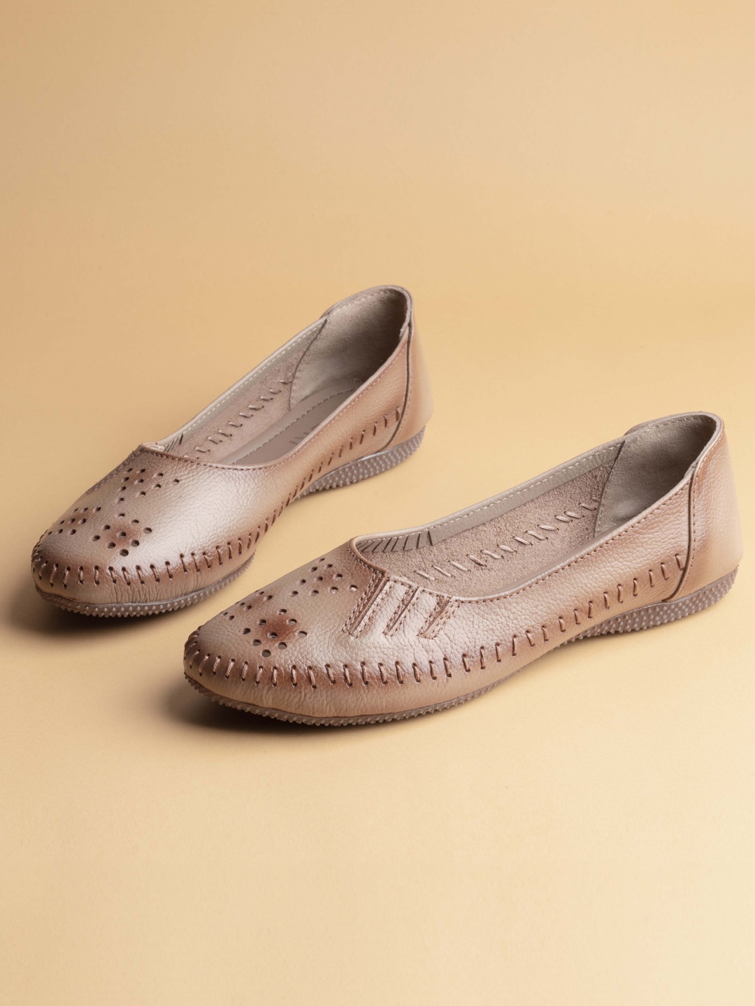 

Ozuri Round Toe Textured Laser Cuts Detail Leather Ballerinas, Beige