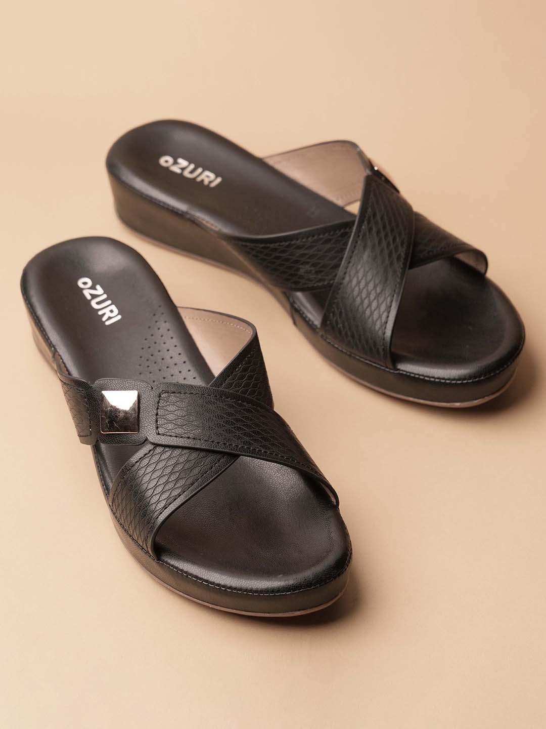 

Ozuri Textured Leather Open Toe Flats, Black