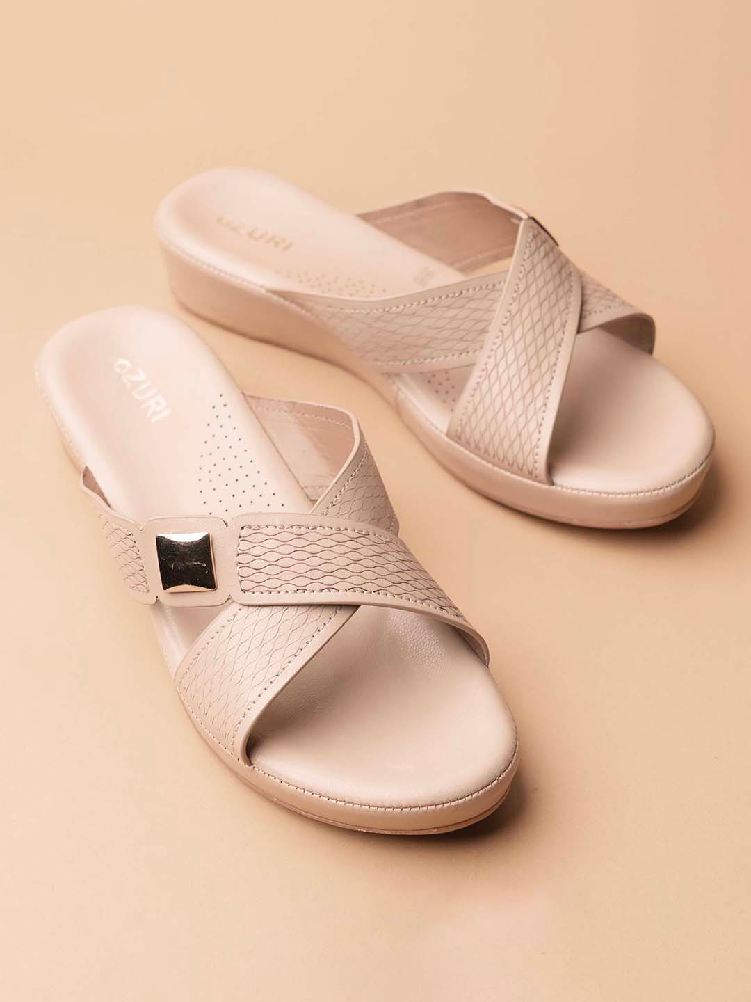 

Ozuri Textured Embellished Open Toe Flats, Beige