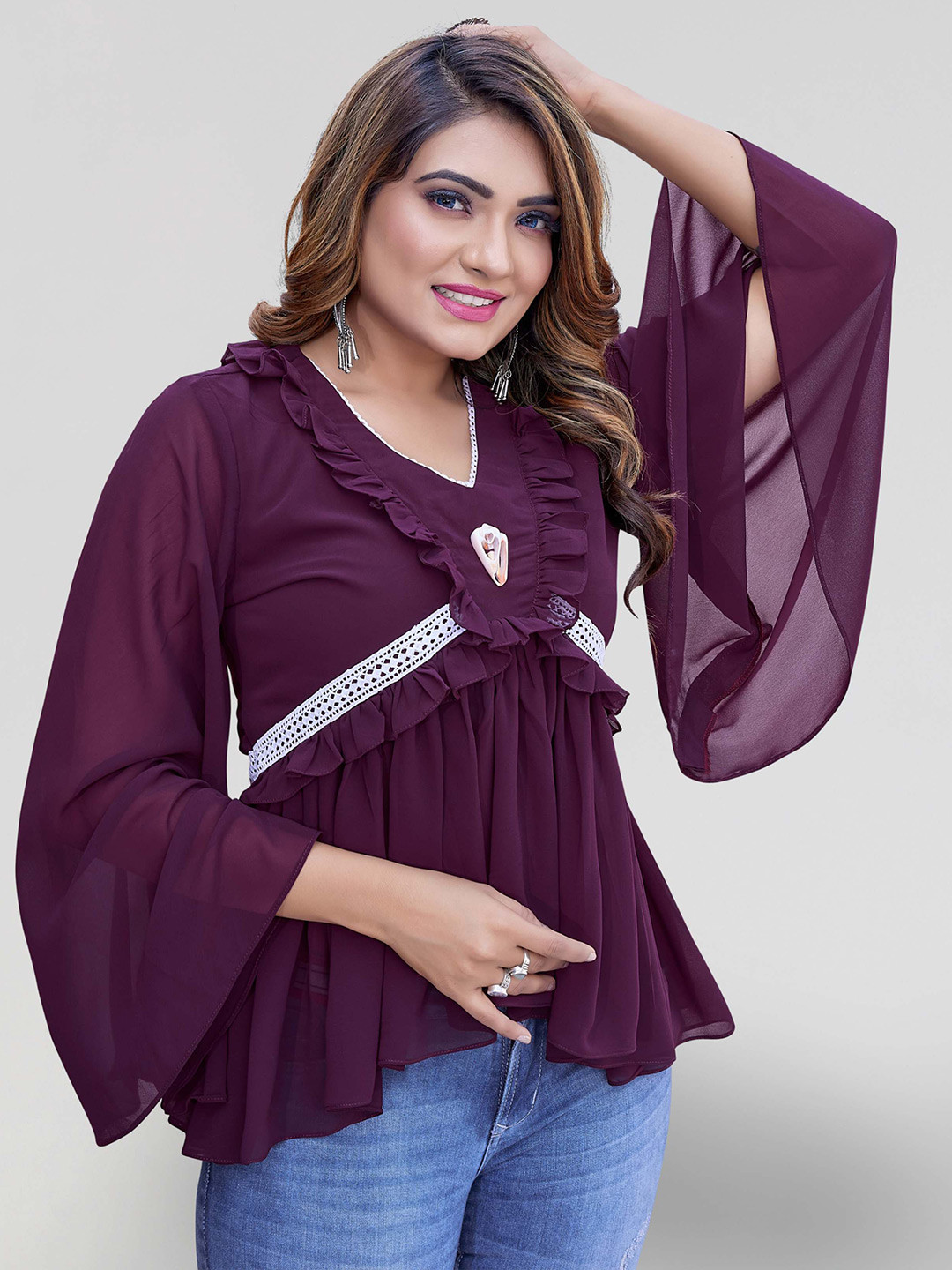 

PYARI - A style for every story Flared Sleeves Ruffled Georgette Top, Purple