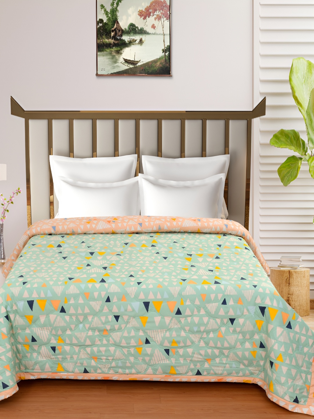 

FINE TEX WORLD Green & White Geometric 180 GSM AC Room Double Bed Comforter