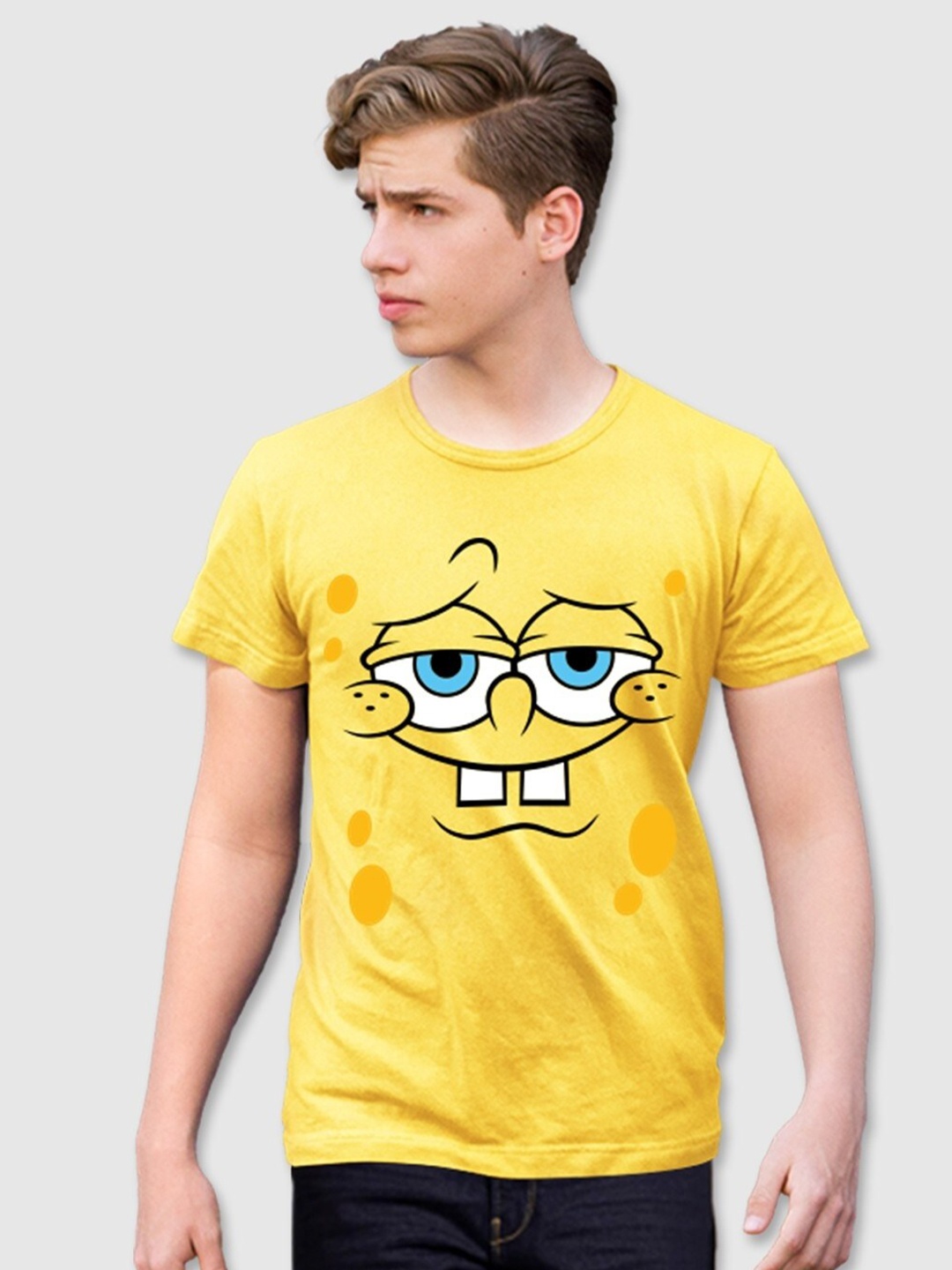 

Minute Mirth Spongebob Printed Round Neck Cotton T-shirt, Yellow