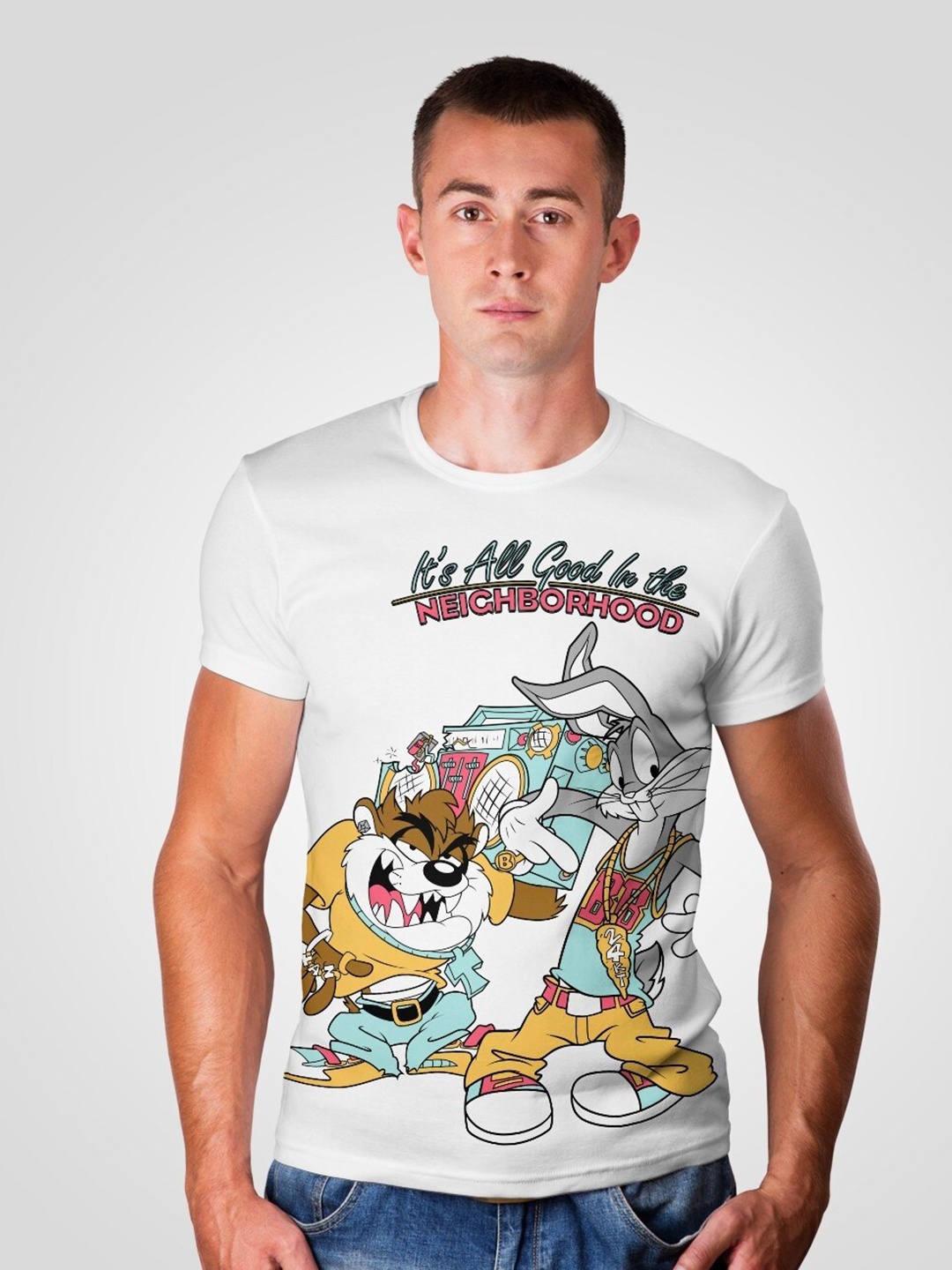 Minute Mirth Looney Tunes Printed Round Neck Cotton T-shirt, White