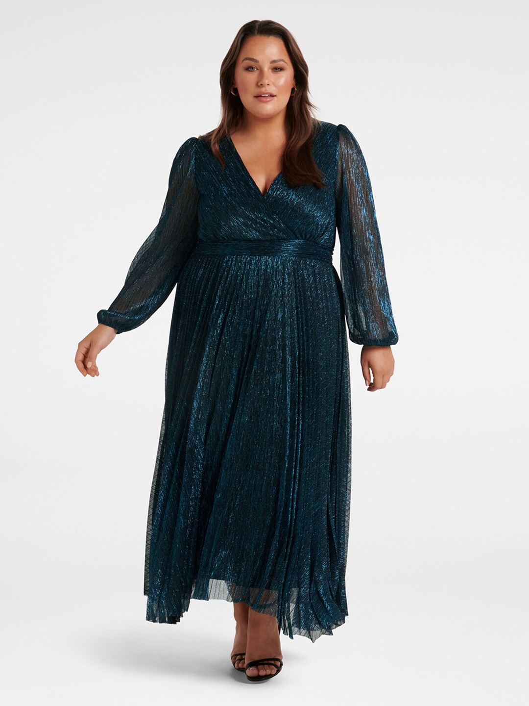 

Forever New Plus Size Self Design Puff Sleeves Maxi Dress, Teal