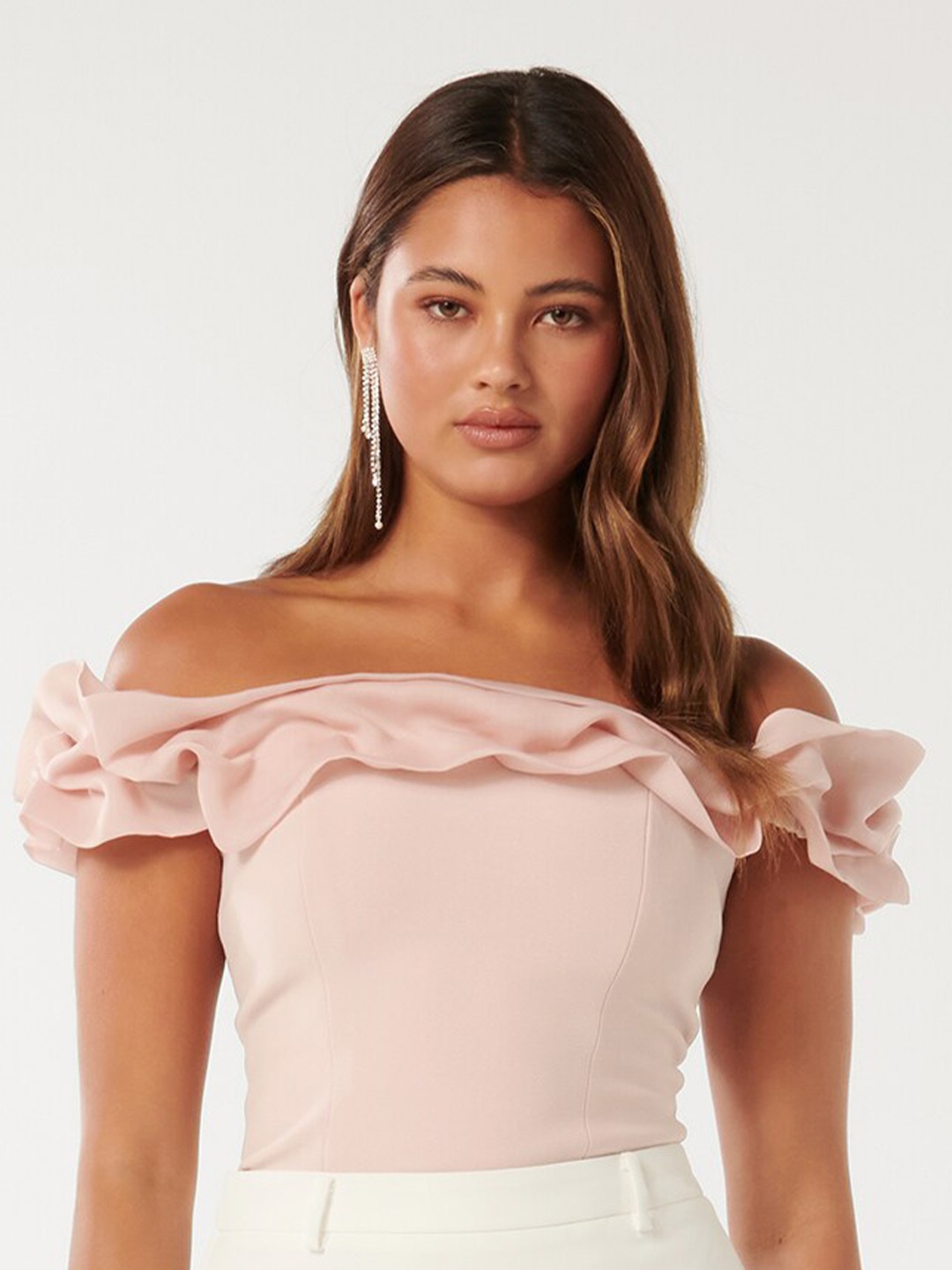 

Forever New Off-Shoulder Ruffled Bardot Top, Peach
