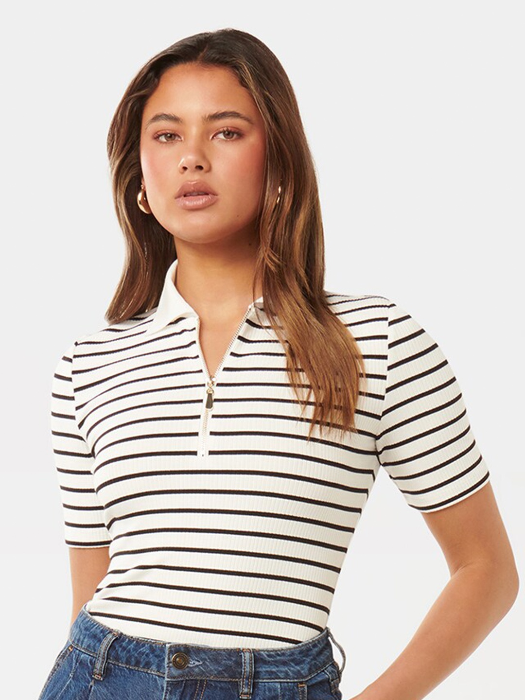 

Forever New Striped Shirt Collar Fitted Top, White