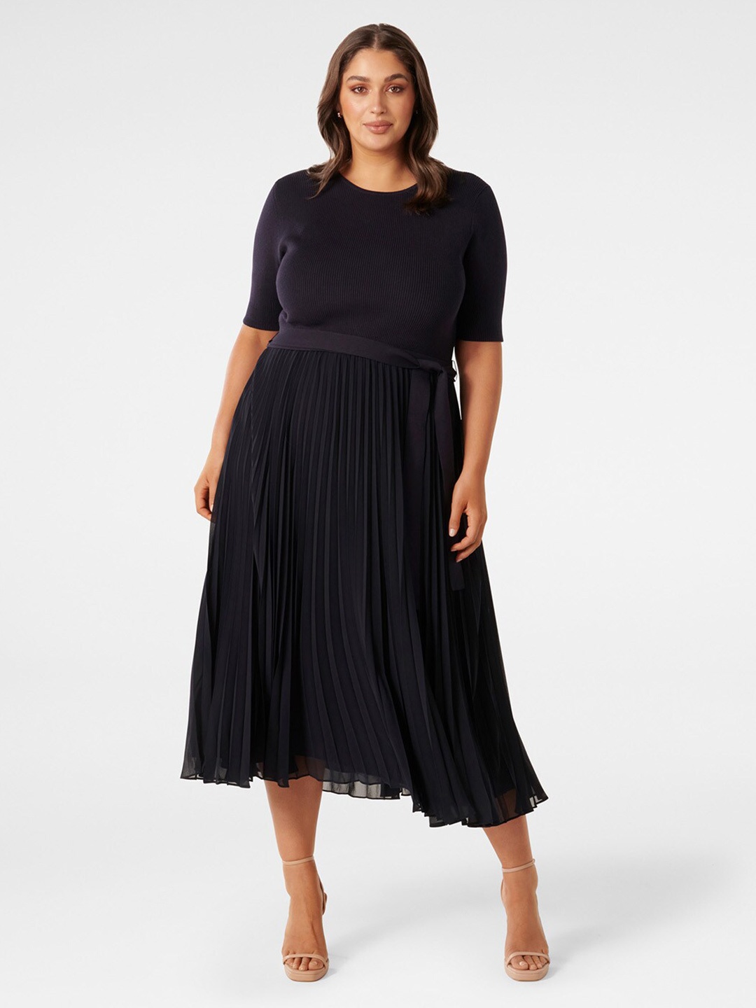 

Forever New Plus Size Accordion Pleated Fit & Flare Midi Dress, Navy blue
