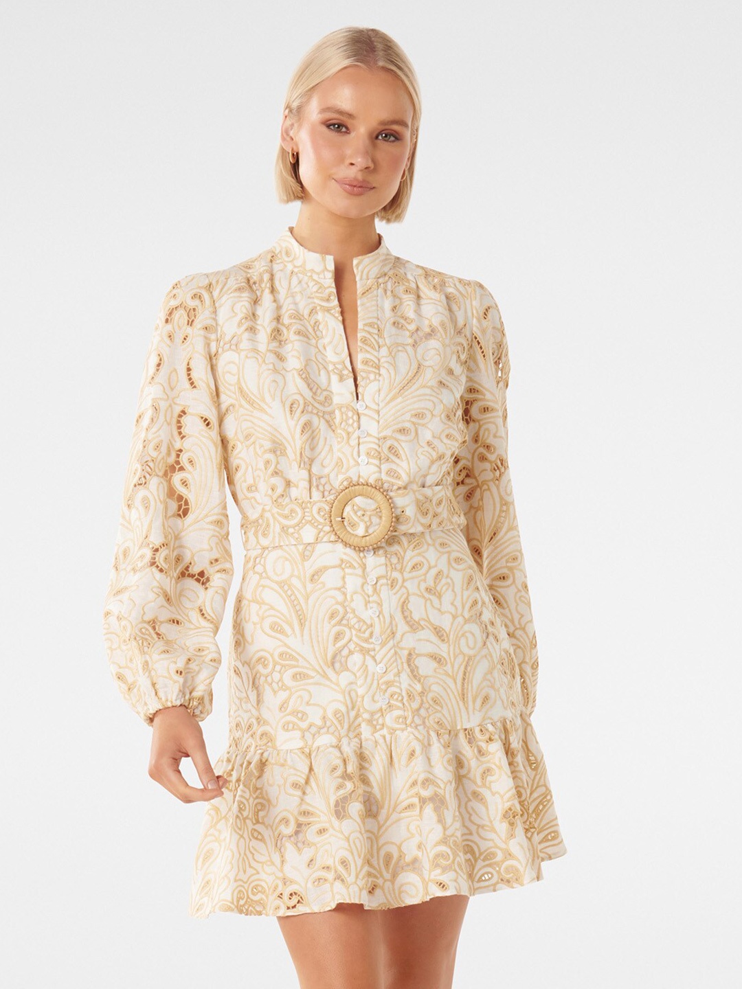 

Forever New Ethnic Motifs Embroidered Mandarin Collar Puff Sleeve Linen Drop-Waist Dress, White