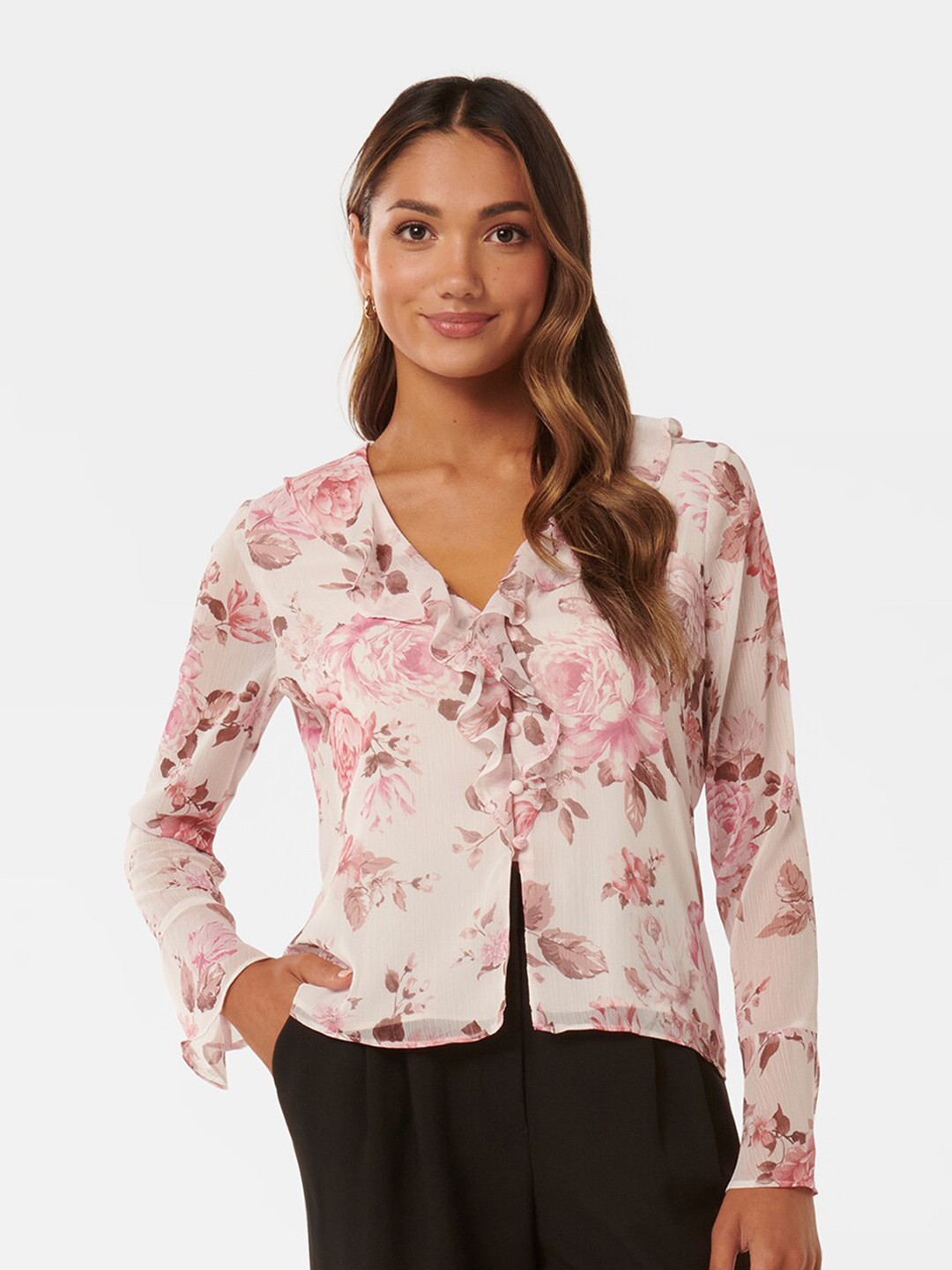 

Forever New Floral Printed V-Neck Ruffled Regular Top, Off white
