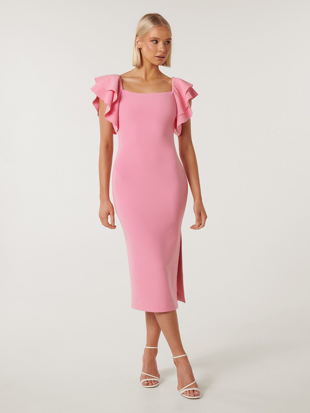 

Forever New Square Neck Flutter Sleeve Bodycon Midi Dress, Pink