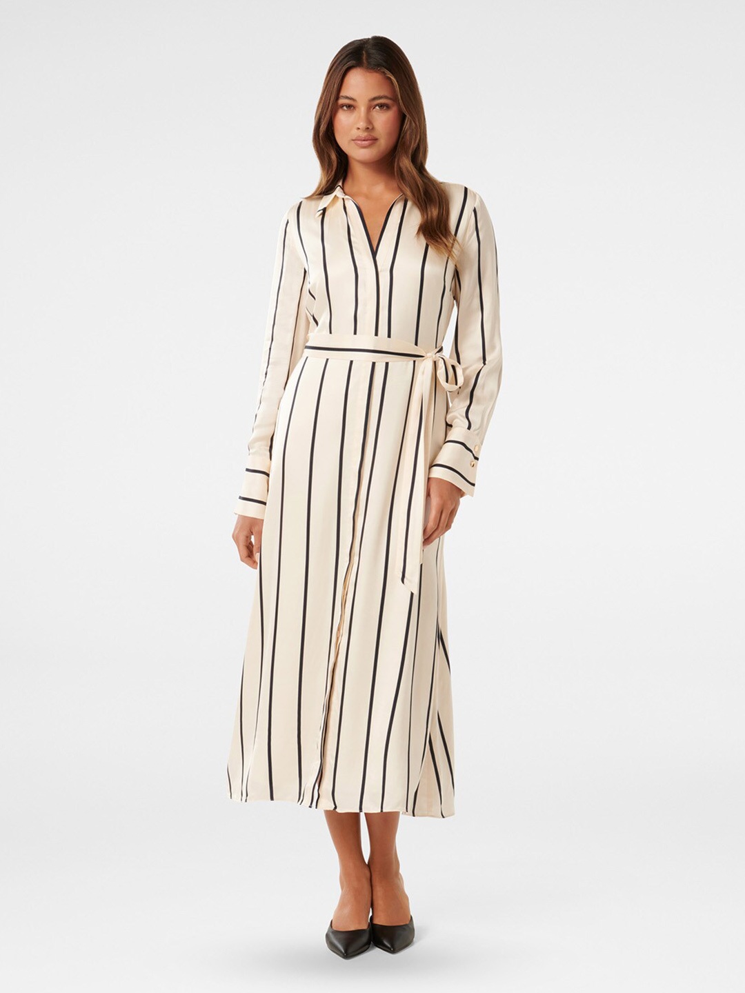 

Forever New Striped Cuffed Sleeves Shirt Style Midi Dress, White