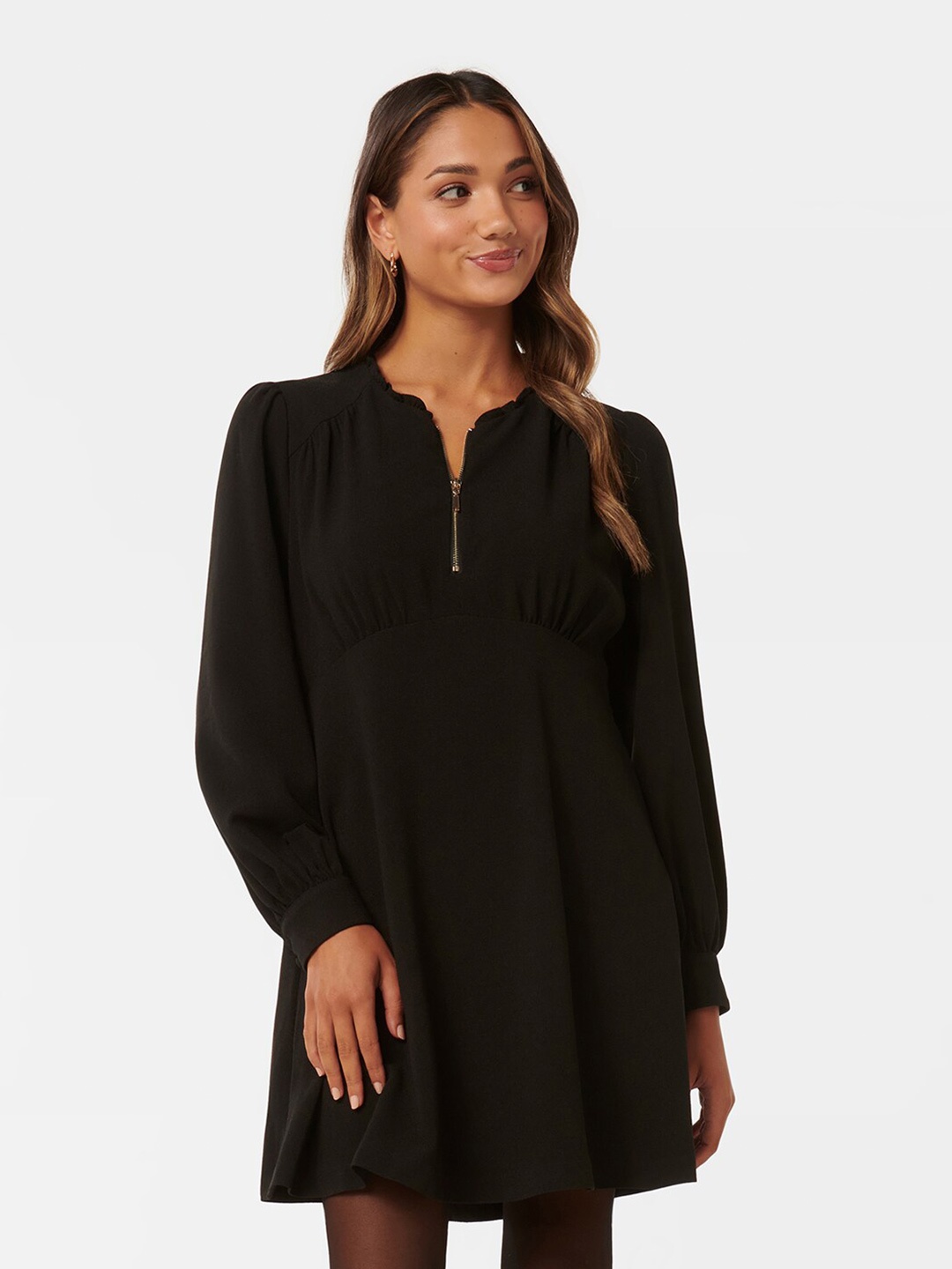 

Forever New Mock Collar Puff Sleeve Fit and Flare Mini Dress, Black