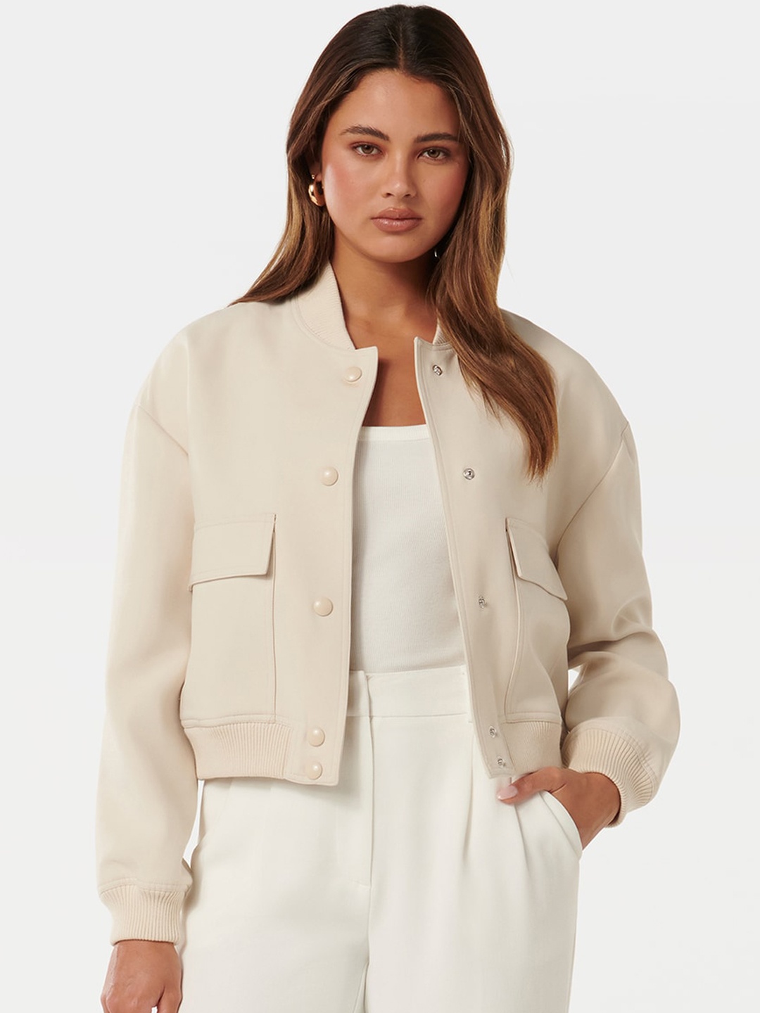 

Forever New Mock Collar Crop Bomber Jacket, Beige