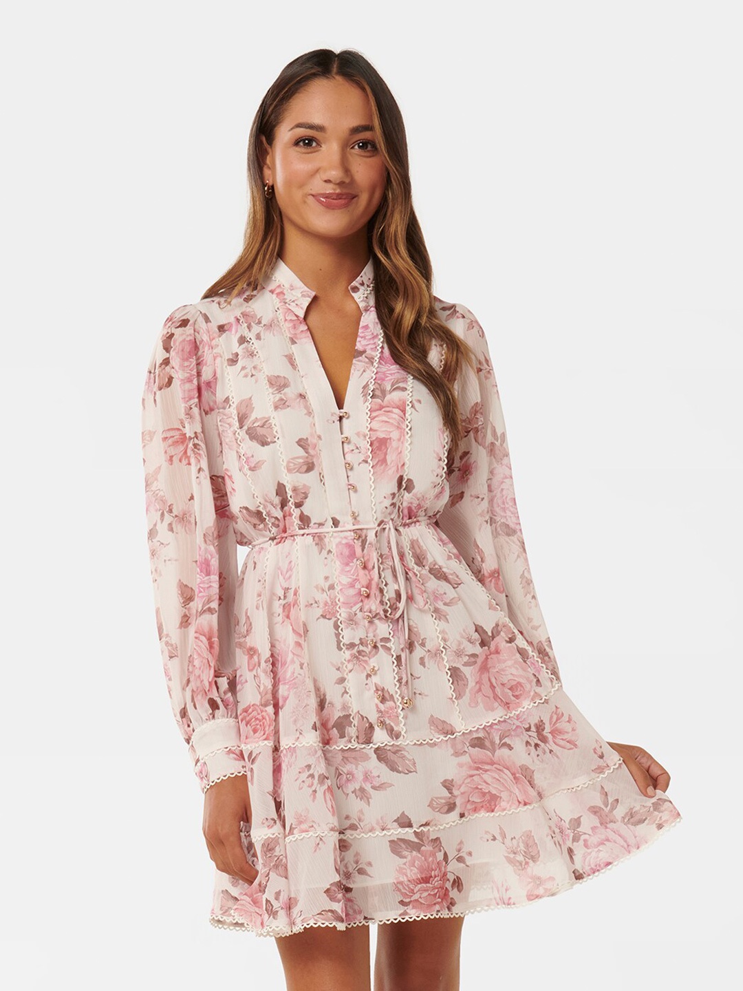 Forever New Floral Printed Mandarin Collar Fit & Flare Dress, White