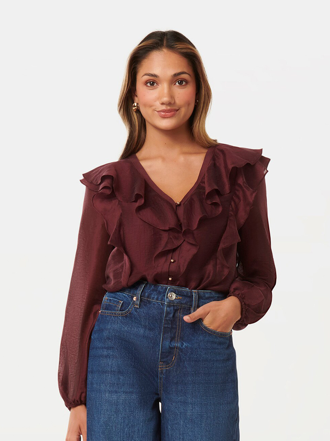 

Forever New V-Neck Ruffled Regular Top, Maroon