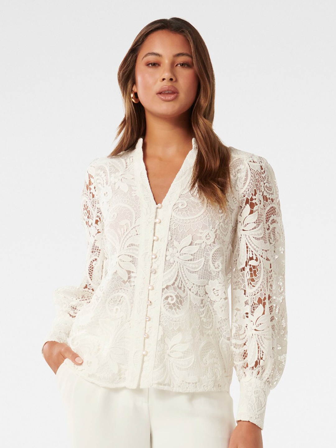 

Forever New Self Designed Mandarin Collar Regular Sleeves, White