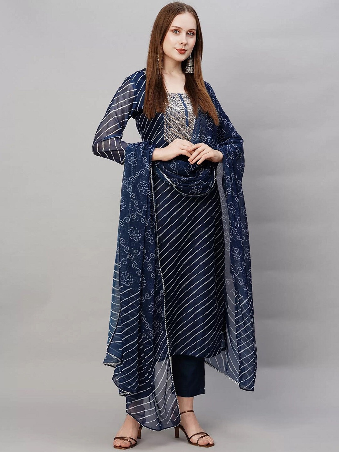 

BAESD Leheriya Embroider Round Neck Thread Work Kurta with Trousers & With Dupatta, Navy blue