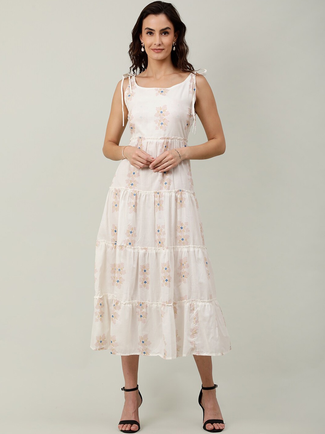 

NAVIYATA Floral Printed Fit & Flare Cotton Tiered Midi Dress, White