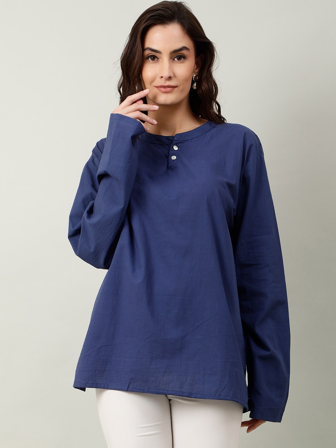 

NAVIYATA Mandarin Collar Cotton Tunic, Blue