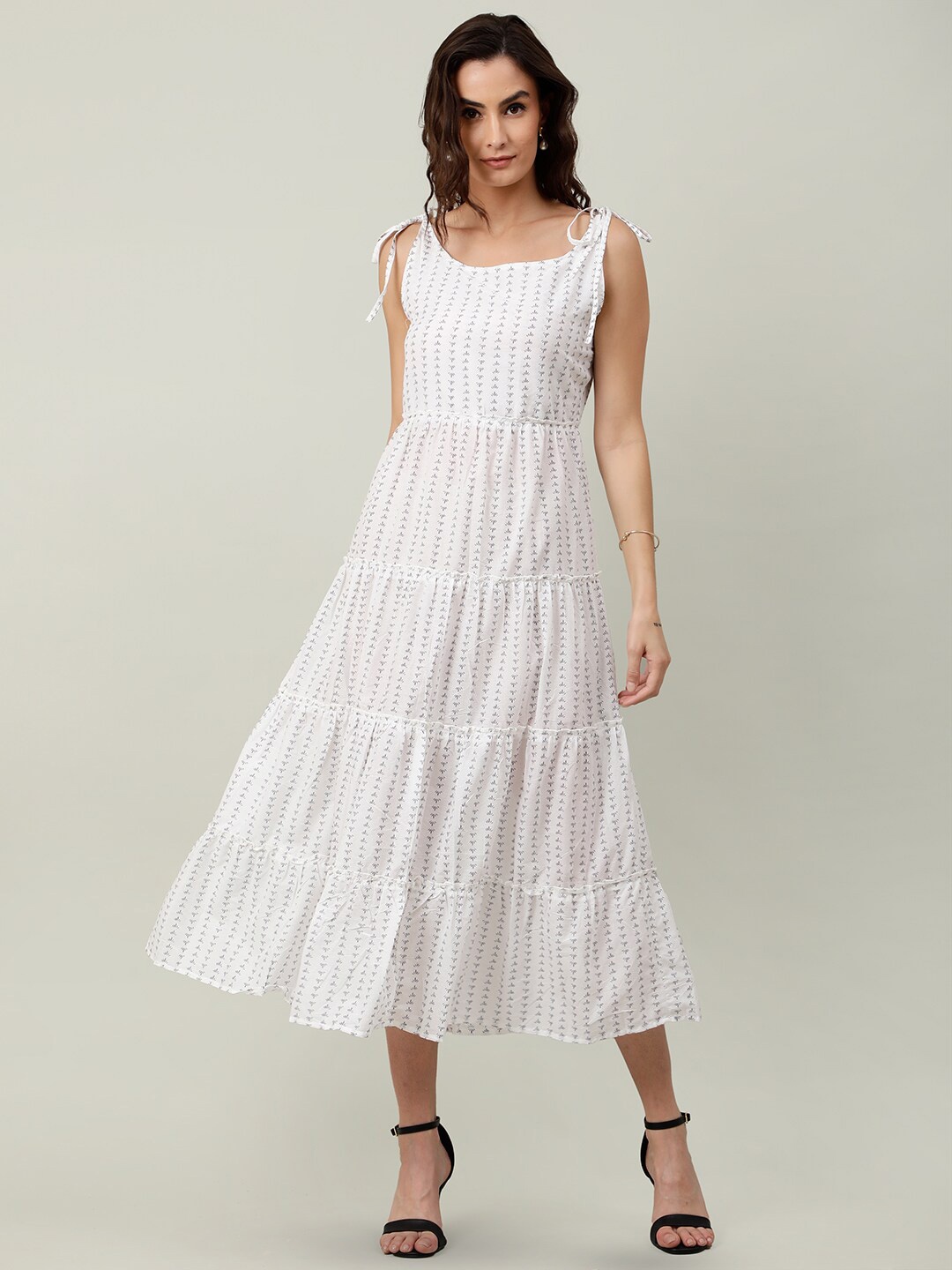 

NAVIYATA Striped Fit & Flare Cotton Tiered Midi Dress, White