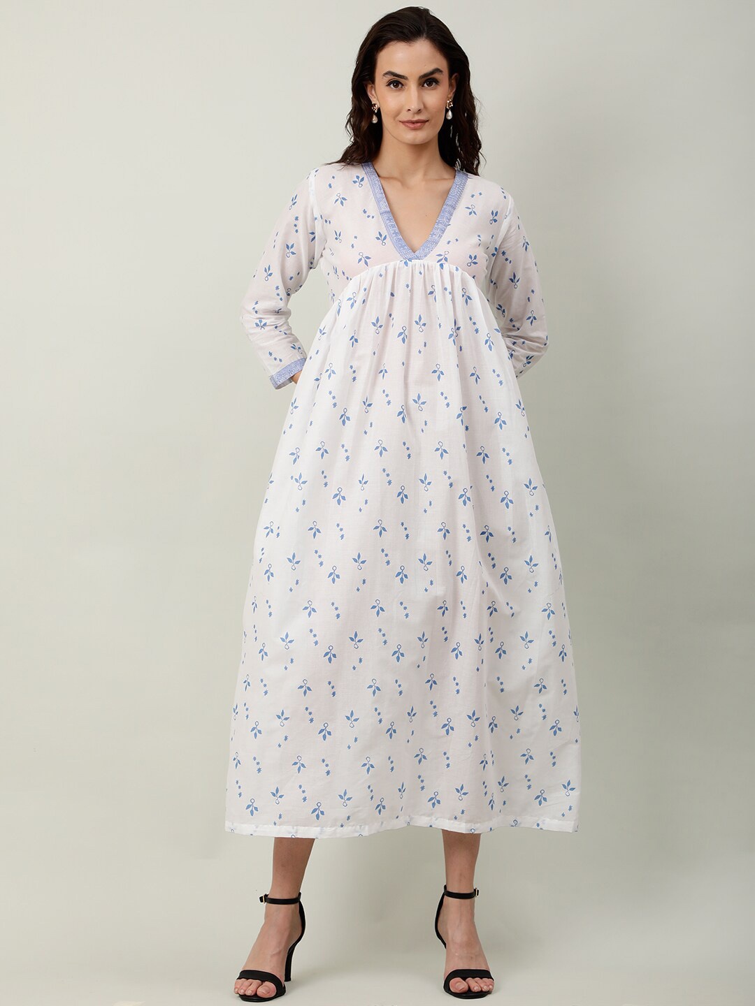 

NAVIYATA Floral Printed Empire Midi Dress, White