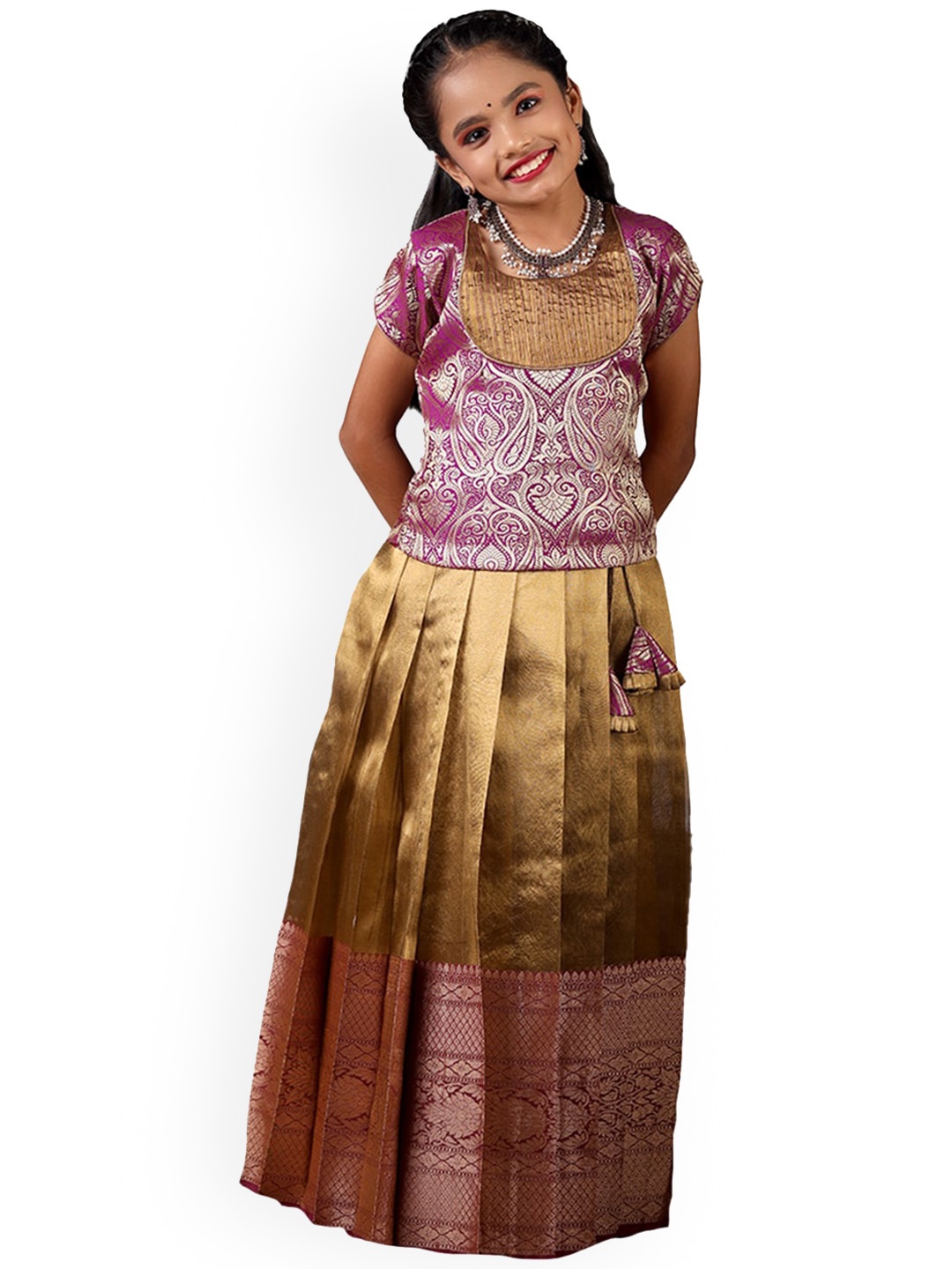 

SHIVANGI clothing Girls Woven Design Tissue Pattu Ready to Wear Lehenga Choli, Purple