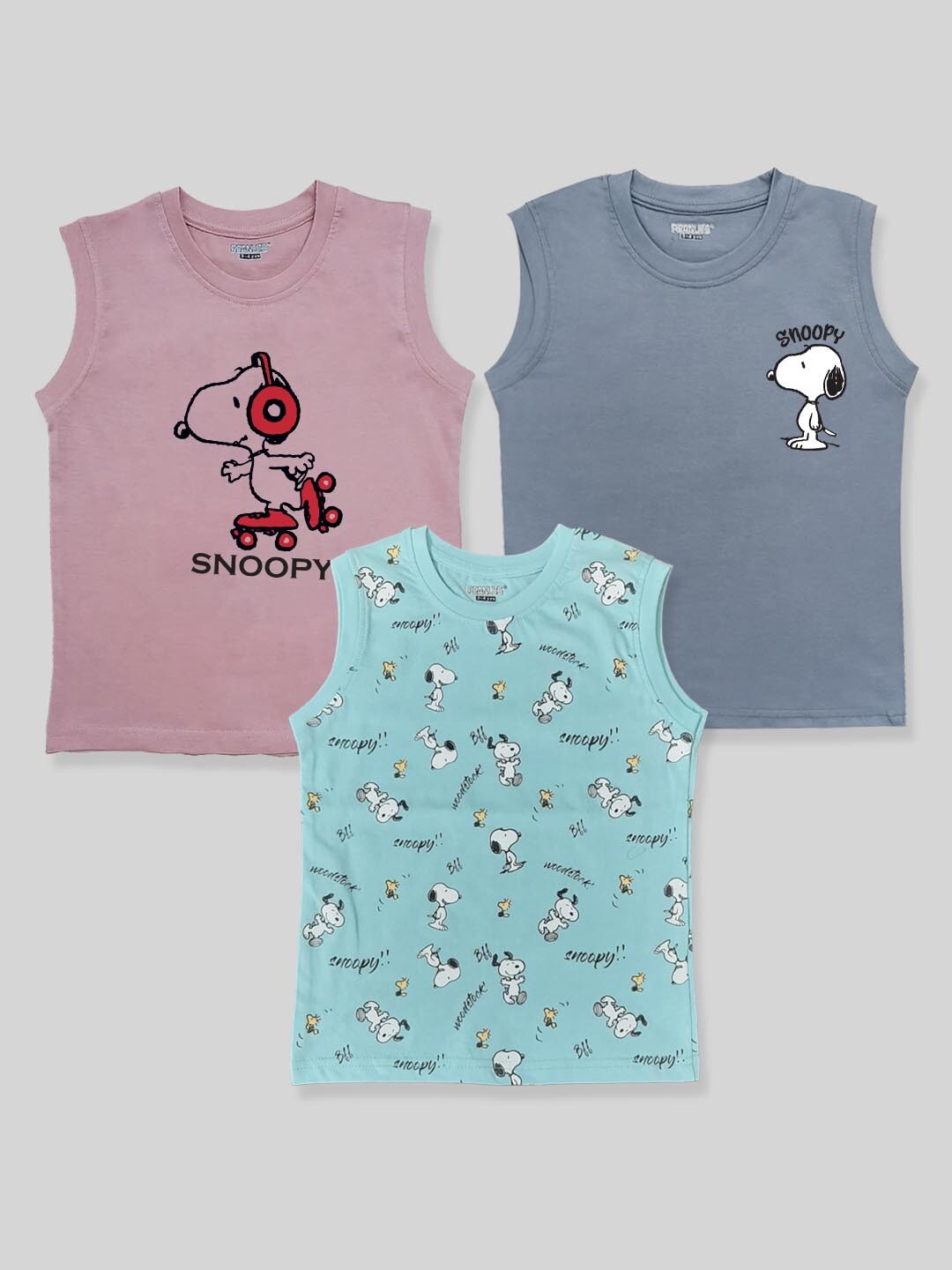 

Minute Mirth Boys Pack Of 3 Snoopy Printed Sleeveless Pure Cotton T-shirts, Pink
